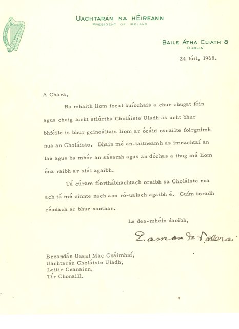 Colaiste Uladh letter from President Eamon de Valera